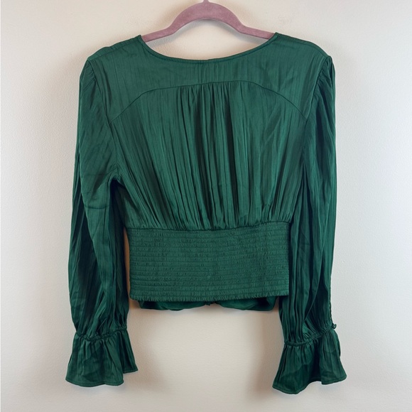 Anthropologie Emerald Green Satin Puff Sleeve Blouse - Picture 3 of 5